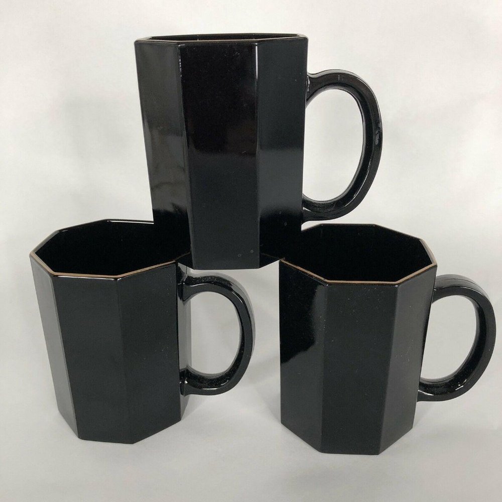 3 Arcoroc Black Shanghai Mugs Gold Trim Octime Octagon Made France Coffee‎ Cups